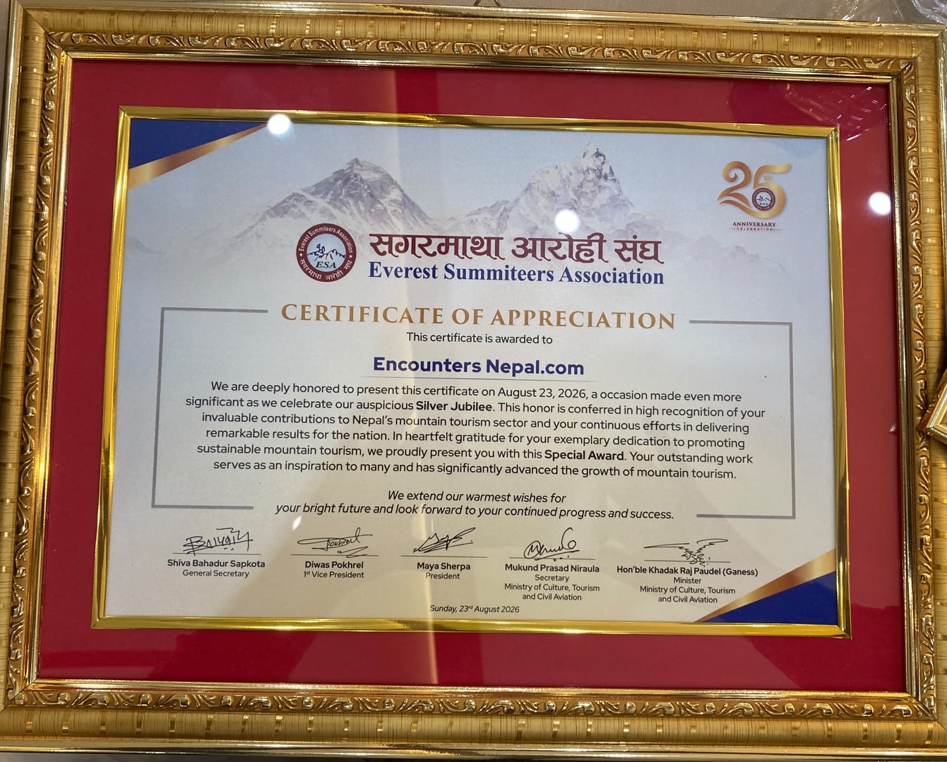 Encounters Nepal is proud to have received a special award from the Everest Summiteers Association (ESA) during their Silver Jubilee Program, celebrating 25 years of mountaineering legacy and community excellence.